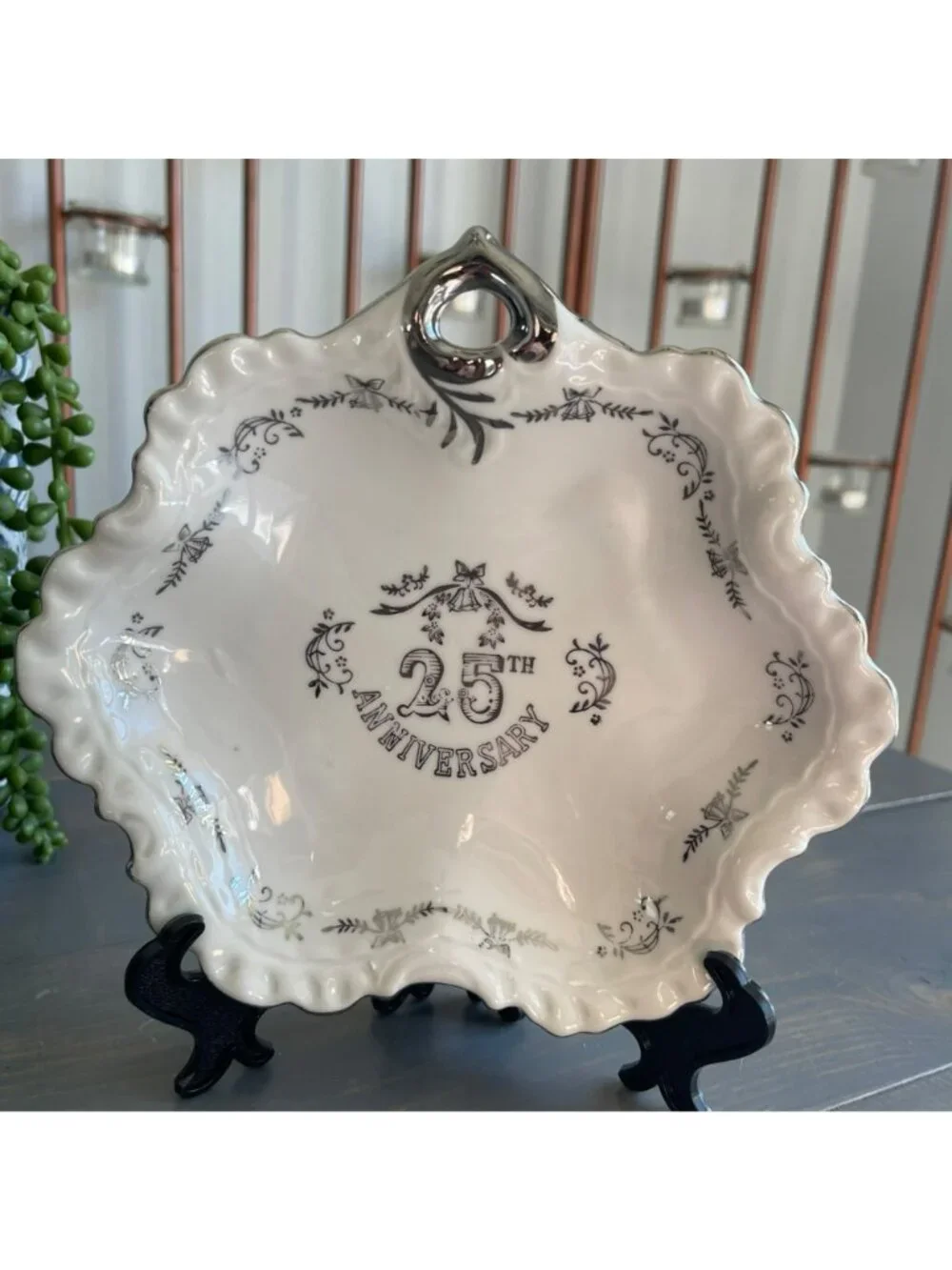Vintage 25th Anniversary Decorative Porcelain China Bowl Hand Painted Silver